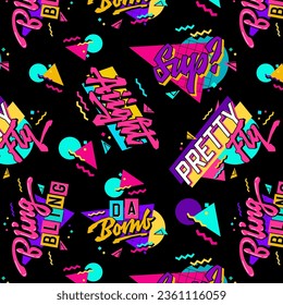 Bright trendy 90s style seamless pattern with retro slang lettering designs. Vivid calligraphy style typography elements on dark background. Vector illustration for fashion, print, web purposes.