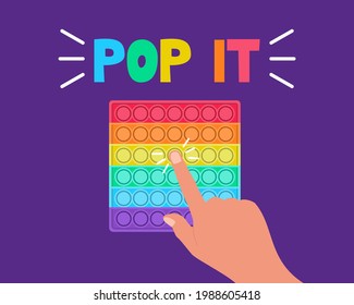 Bright trendy children's toy pop it fidget. The hand bursts multicolored convex bubbles in the colors of the rainbow. Antristress. Vector illustration with handwritten inscription.