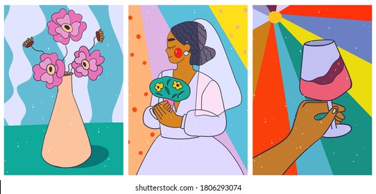 Bright trendy contrasting posters. A set of modern backgrounds for your social networks, stories. Portrait of a young and stylish bride. Wedding invitation card. Beautiful cartoon floral still life.