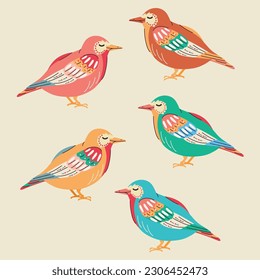 Bright and trendy design. Set of birds in modern style. Doodle. hand drawn. Feathered. Nest. Vector stock illustration. Isolated