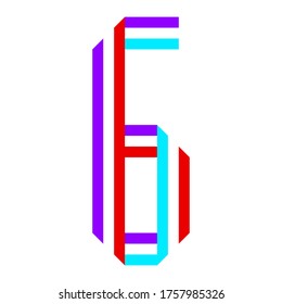 Bright trendy Font, alphabet folded from stripes colored paper, Modern number six, vector illustration 10eps