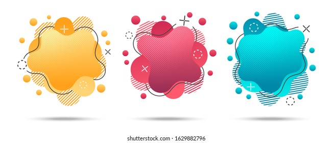 Bright trendy liquid style banners with halftone effects stripes pattern dots and geometric shapes. Isolated vector illustration