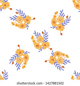 Bright trendy modern seamless pattern. Orange - blue fantastic flowers