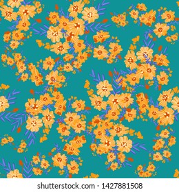 Bright trendy modern seamless pattern. Orange - blue fantastic flowers
