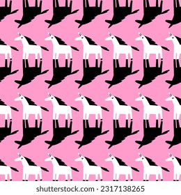 Bright trendy pattern with unicorns. Black and white seamless pattern on pink background