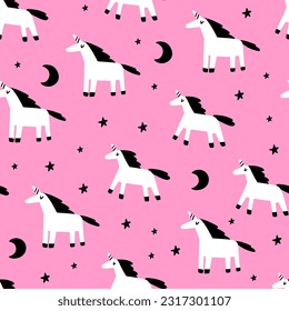 Patrón de moda brillante con unicornios. Patrón transparente blanco y negro sobre fondo rosa