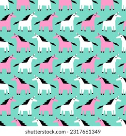 Bright trendy pattern with unicorns. Black and white seamless pattern on green background
