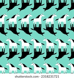 Bright trendy pattern with unicorns. Black and white seamless pattern on green background