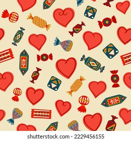 Bright trendy romantic seamless pattern, abstract elements, candies, sweets, heart, valentine's day, white background, hand drawn, vector