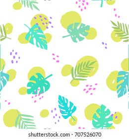 Bright trendy seamless pattern. Background with tropical leaves and dots. Vector illustration