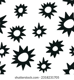 Bright trendy seamless pattern with black sunny flowers on a white background. Minimalistic baby naive pattern. 