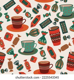 Bright trendy seamless pattern, candies, sweets, mug, tea, coffee, white background, hand drawing, vector