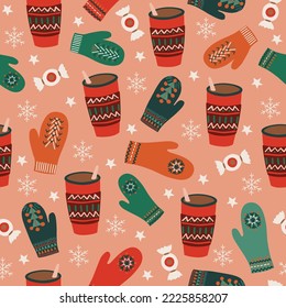 Patrón de moda brillante sin costura, vidrio con bebida, mitones calientes, copos de nieve, fondo rosa, dibujo a mano, vector