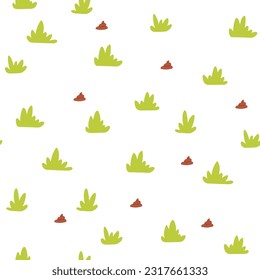 Bright trendy seamless pattern with green grass and dog poop on a white background. Minimalistic childish naive pattern. 