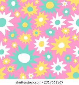Bright trendy seamless pattern with multicolored flowers on a pink background. Minimalistic childish naive pattern. 