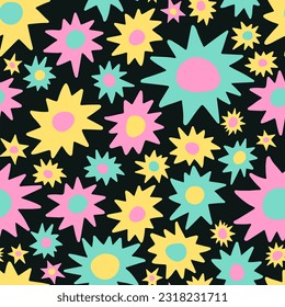 Bright trendy  seamless pattern with multicolored florets on a black background. Minimalistic baby naive pattern. 