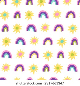Bright trendy seamless pattern with rainbow and sun on white background. Children's naive pattern.