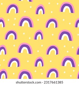 Bright trendy seamless pattern with rainbows and stars on a yellow background. Children's naive pattern.