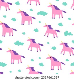 Bright trendy seamless pattern with unicorns and clouds on a white background. Minimalistic baby naive pattern. 