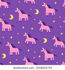 Bright trendy seamless pattern with unicorns, moon and stars on a purple background. Minimalistic baby naive pattern. 