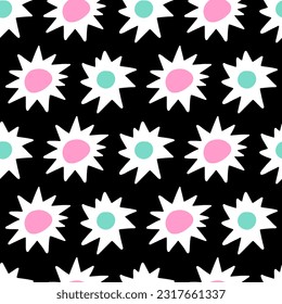 Bright trendy  seamless pattern with white sun flowers and multicolored circles on a black background. Minimalistic baby naive pattern. 