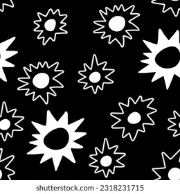 Bright trendy  seamless pattern with white linear flowers on a black background. Minimalistic baby naive pattern. 