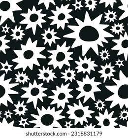 Bright trendy  seamless pattern with white flowers on a black background. Minimalistic baby naive pattern. 