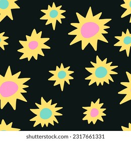 A bright trendy seamless pattern with a yellow sun and stars on a black background. Children's naive pattern.