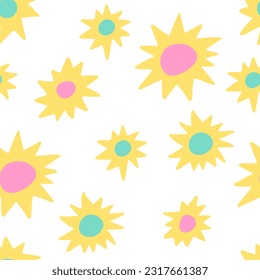 A bright trendy seamless pattern with a yellow sun and stars on a white background. Children's naive pattern.