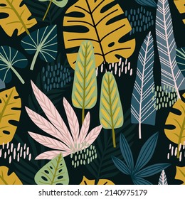 Bright, trendy seamless patterns with tropical leaves in simple flat style. For clothes, fashion fabrics, home decor, backgrounds, cards and templates