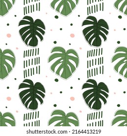 Bright, trendy seamless patterns with tropical leaves in simple flat style.