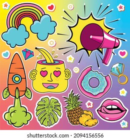 Bright, trendy set, collection of crazy, beautiful stickers of diamond ring, donut, rocket carrot, pineapple, rainbow, lips, loudspeaker. Modern, youthful background with face and banana, crystal.