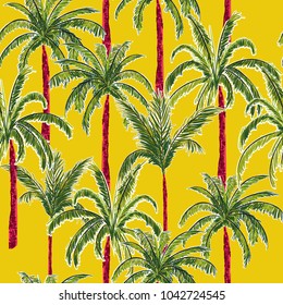 Bright and trendy  summer palm trees on the stylish vivid yellow  forest  background. Vector seamless pattern. Tropical illustration. Jungle foliage.