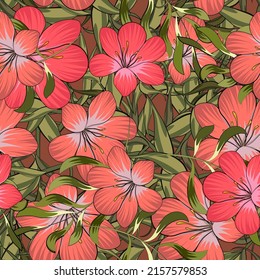 Bright trendy tropical pattern with flowers and leaves.  Graphic arts. Background for printing on fabric and paper.