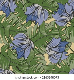 Bright trendy tropical pattern with flowers and leaves.  Graphic arts. Background for printing on fabric and paper.