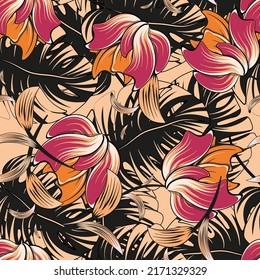 Helles trendiges tropisches Muster mit Blumen und Blättern.  Grafikkunst. Hintergrund für den Druck auf Stoff und Papier.