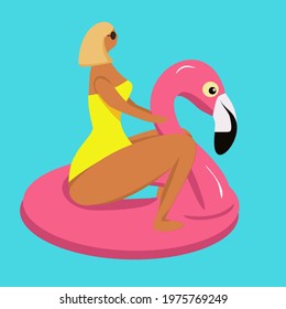 Bright trendy vector illustration. A slender body positive blonde in a yellow swimsuit with a square floats on an inflatable pink flamingo in the pool