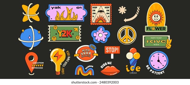 Bright trendy y2k sticker collection. Colorful label shapes with quote patch bundle. 90s funny comic elements.