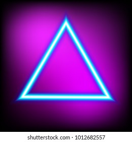 Bright triangle. Neon sign. Retro neon triangle sign on purple background. Ready for your design, greeting card, banner.