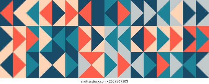 Bright triangle seamless pattern. Abstract geometric mid century background. Colorful Swiss modernist or postmodernist style wallpaper. Vector modular repeating overlay. Colorful mural backdrop 