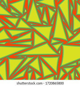 Bright triangles on a orange background vector seamless pattern for decoration, packaging, textile.