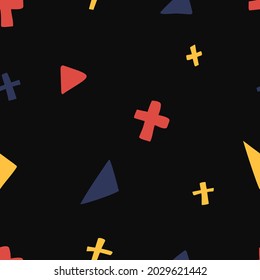 Bright triangles, Plus signs and Crosses psychedelic seamless hand drawn pattern. Geometric random Vector pattern for textile, design elements. 
