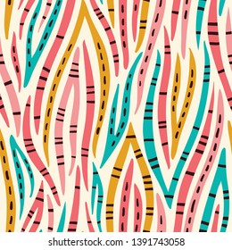 Bright Tribal Abstract Hand Drawn Wavy Vector Seamless Pattern. Zebra Animal Skin. Colorful Trendy Fashion Print