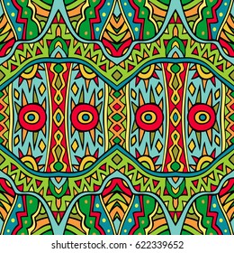 Bright tribal pattern in red and green colors. Abstract seamless ethnic ornament. Repeatable background design. Tile able fancy backdrop. Aztec style inspired art. Vector illustration.