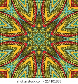 Bright tribal seamless pattern. Abstract stars and geometric elements on tribal ornament. Bright colors. Endless background. Vector is EPS8, elements are grouped by colors.