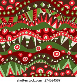 Bright tribal seamless pattern. Repeatable ethnic geometric ornament in green and red. Abstract background aboriginal texture. Vector file is EPS8.