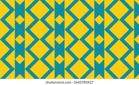 Patrón de estilo tribal brillante con motivos de diamantes repetidos en verde azulado y amarillo. Un fondo de Vector colorido y rítmico ideal para estampados de telas y superficies decorativas