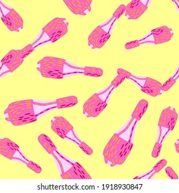 Equipo de truco brillante patrón sin fisuras con elementos de mace de malabarismo aleatorio rosa. Fondo amarillo. Ilustración vectorial para impresiones textiles estacionales, tela, carteles, telas de fondo y papel pintado.