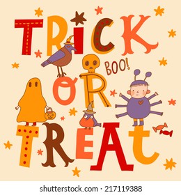 Bright trick or treat card in vector. Stylish halloween background in cartoon style. Boy as a spider, ghost, crow, candies 