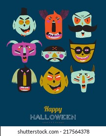 Bright trick or treat card in vector. Stylish halloween illustration with cute, funny, evil, fearsome monsters in cartoon style. Super monster. Happy Halloween party, kids.